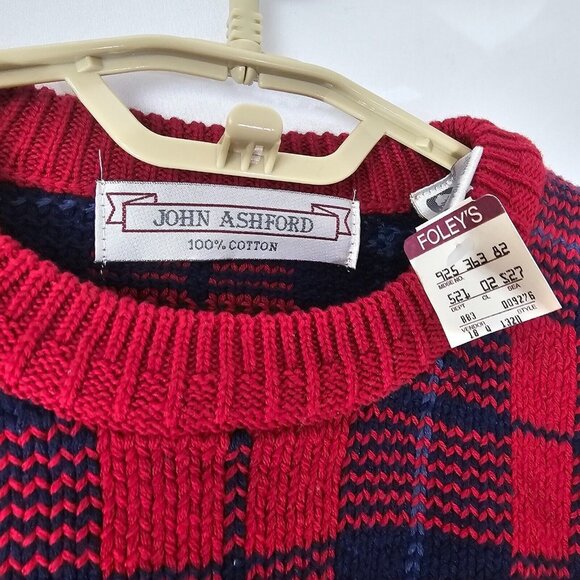NWT John Ashford Sweater Mens Large Red Blue Plaid Cotton Crewneck Pullover - Picture 3 of 14